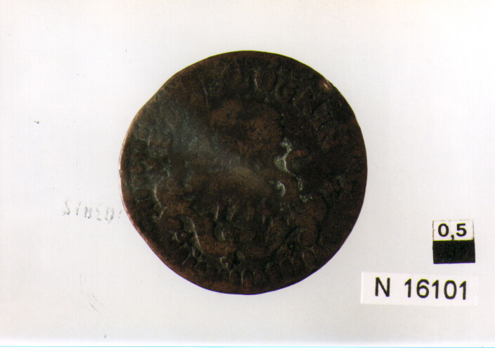 R/ stemma ovale della città; V/ mezza figura di leone rampante a sinistranascente sopra cartella piccola a ricci e volute (moneta, mezzo baiocco) (sec. XVIII d.C)