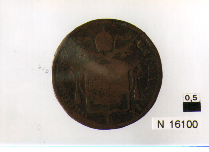 R/ stemma a targa rettangolare sormontato da chiavi decussate e da tiara;V/ iscrizione nel campo tra due rami d'olivo (moneta, baiocco) (sec. XIX d.C)