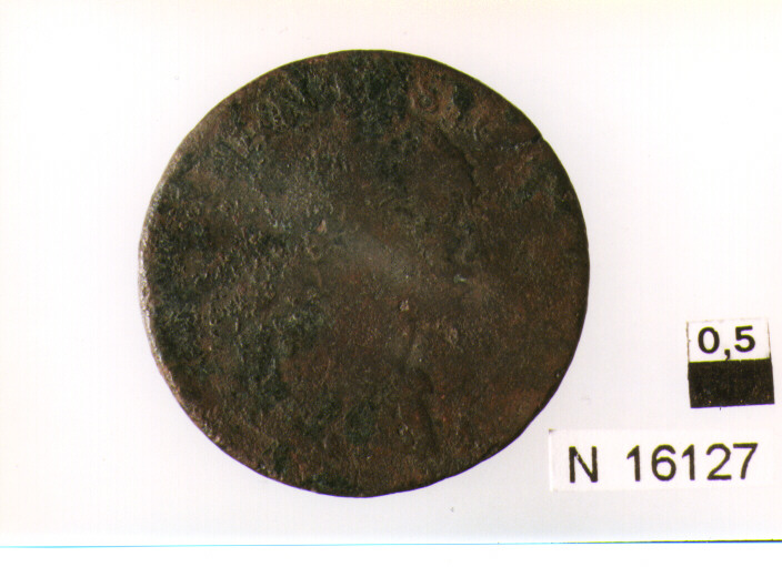 R/ busto a testa nuda volto a destra con lunghi capelli sciolti; V/ iscrizione nel campo (moneta, grano) (secc. XVIII/ XIX d.C)