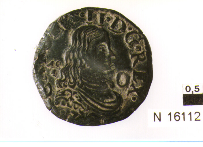 R/ busto con lunga capigliatura volto a destra; V/ stemma a forma di cuore bipartito e coronato (moneta, grano) (secc. XVII/ XVIII d.C)