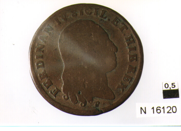 R/ testa nuda del re, volta a destra, con lunghi capelli sciolti; V/ iscrizione nel campo (moneta, sei tornesi) (sec. XIX d.C)