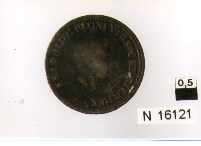 R/ testa del re barbuta volta a destra; V/ corona reale sormontante iscrizione (moneta, tornese e mezzo) (sec. XIX d.C)
