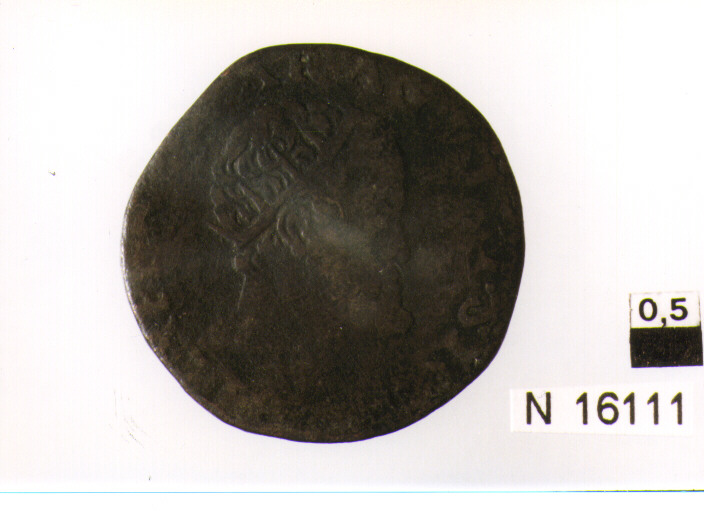 R/ testa con corona radiata volta a destra; V/ cornucopia ricolma di frutta e spighe (moneta, tornese) (sec. XVI d.C)