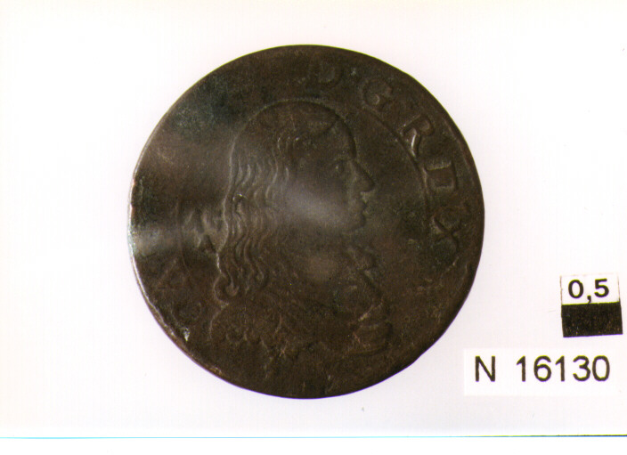 R/ busto con lunga capigliatura volto a destra; V/ stemma a forma di cuore bipartito e coronato (moneta, grano) (secc. XVII/ XVIII d.C)