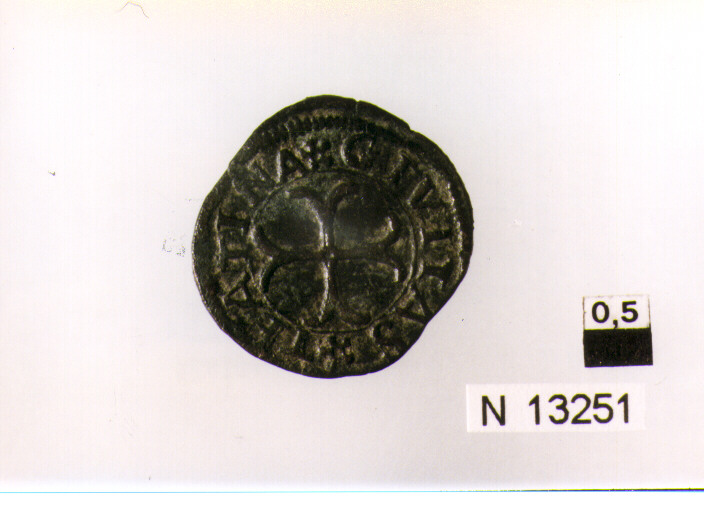 R/ scudo di Francia con i tre gigli e punto in mezzo coronato; V/ croce trifogliata (moneta, cavallo) (sec. XV d.C)