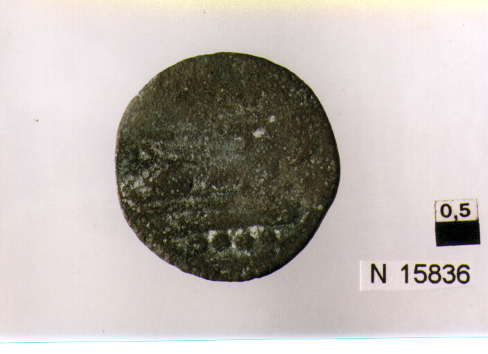 R/ testa di Minerva a destra in alto quattro globetti; V/ prua a destra sotto quattro globetti (moneta, triente) (secc. III/ I a.C)