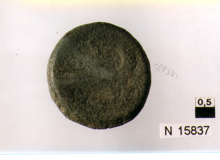 R/ testa di Giove laureato a destra; V/ prua a destra sopra segno del valore (moneta, semisse) (secc. III/ I a.C)