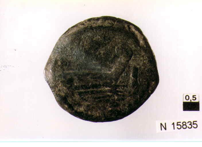 R/ efffige di Giano bifronte in alto segno del valore; V/ prua a destra davanti segno del valore (moneta, asse) (secc. III/ I a.C)