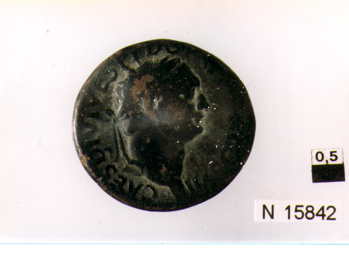 R/ testa laureata di Vespasiano a destra; V/ Salus seduta a sinistra con patera (moneta, asse) (sec. I d.C)