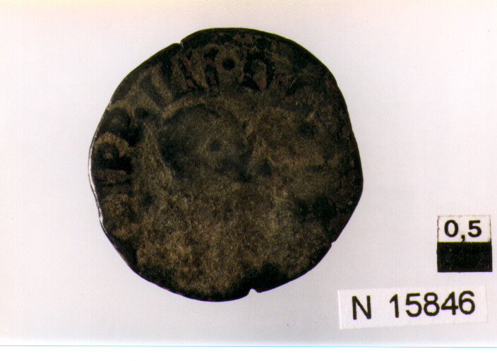 R/ busto volto a sinistra; V/ tosone volto a sinistra in corona d'alloro (moneta, tornese) (sec. XVII d.C)