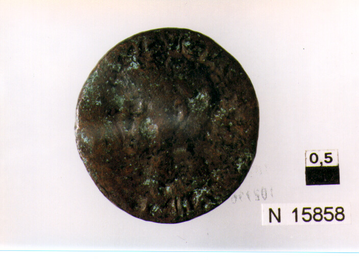 R/ testa di Tiberio a sinistra; V/ caduceo al centro (moneta, asse) (sec. I d.C)