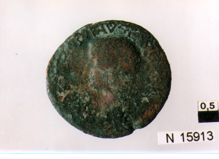 R/ testa nuda di Tiberio a sistra; V/ lettere nel campo (moneta, asse) (sec. I d.C)