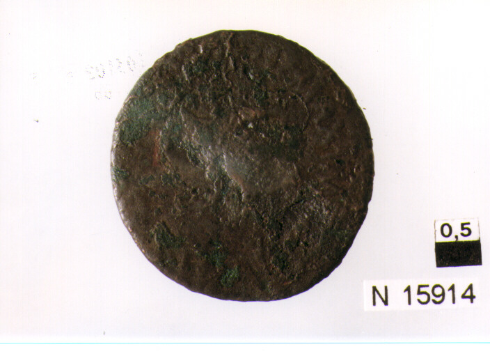 R/ testa nuda di Tiberio(?) a sinistra; V/ lettere nel campo (moneta, asse) (sec. I d.C)