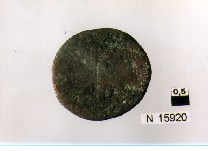 R/ testa di Vespasiano(?) a destra; V/ figura drappeggiata seduta (moneta, asse) (sec. I d.C)