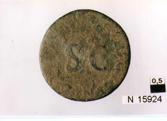 R/ testa di Druso nuda a sinistra; V/ lettere nel campo (moneta, asse) (sec. I d.C)