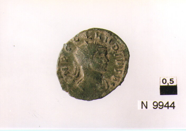 R/ testa radiata di Claudio(?) a destra; V/ aquila ad ali spiegate con latesta volta a destra (moneta, antoniniano) (sec. III d.C)