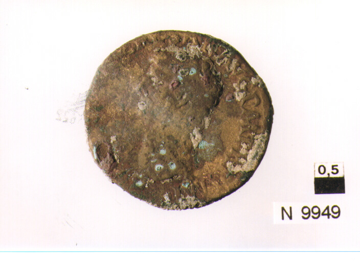 R/ busto drappeggaito e laureato di Gordiano III a destra; V/ Laetitia stante a sinistra con ancora e corona (moneta, asse) (sec. III d.C)