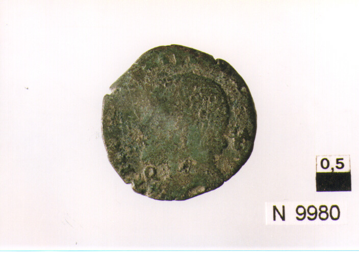 R/ testa elmata di Minerva a destra(?); V/ illeggibile (moneta, triente) (secc. III/ I a.C)