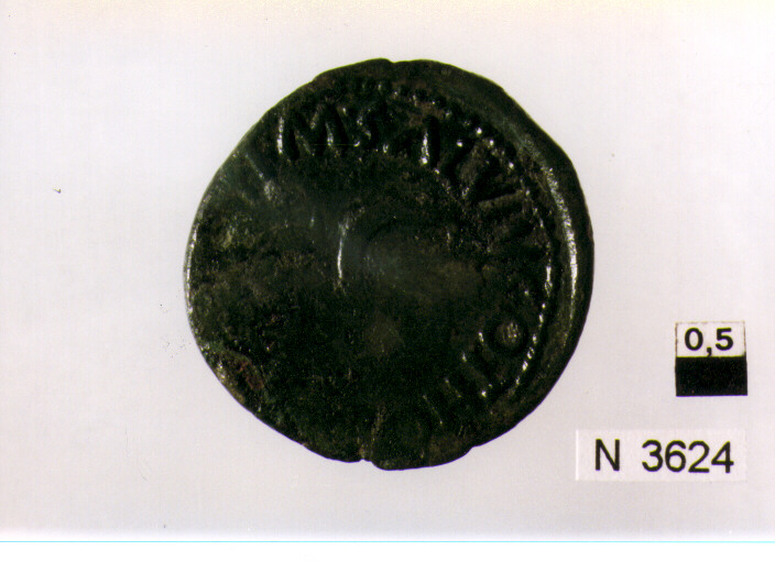 R/ testa nuda di Augusto a sinistra; V/ lettere nel campo (moneta, asse) (sec. I a.C)