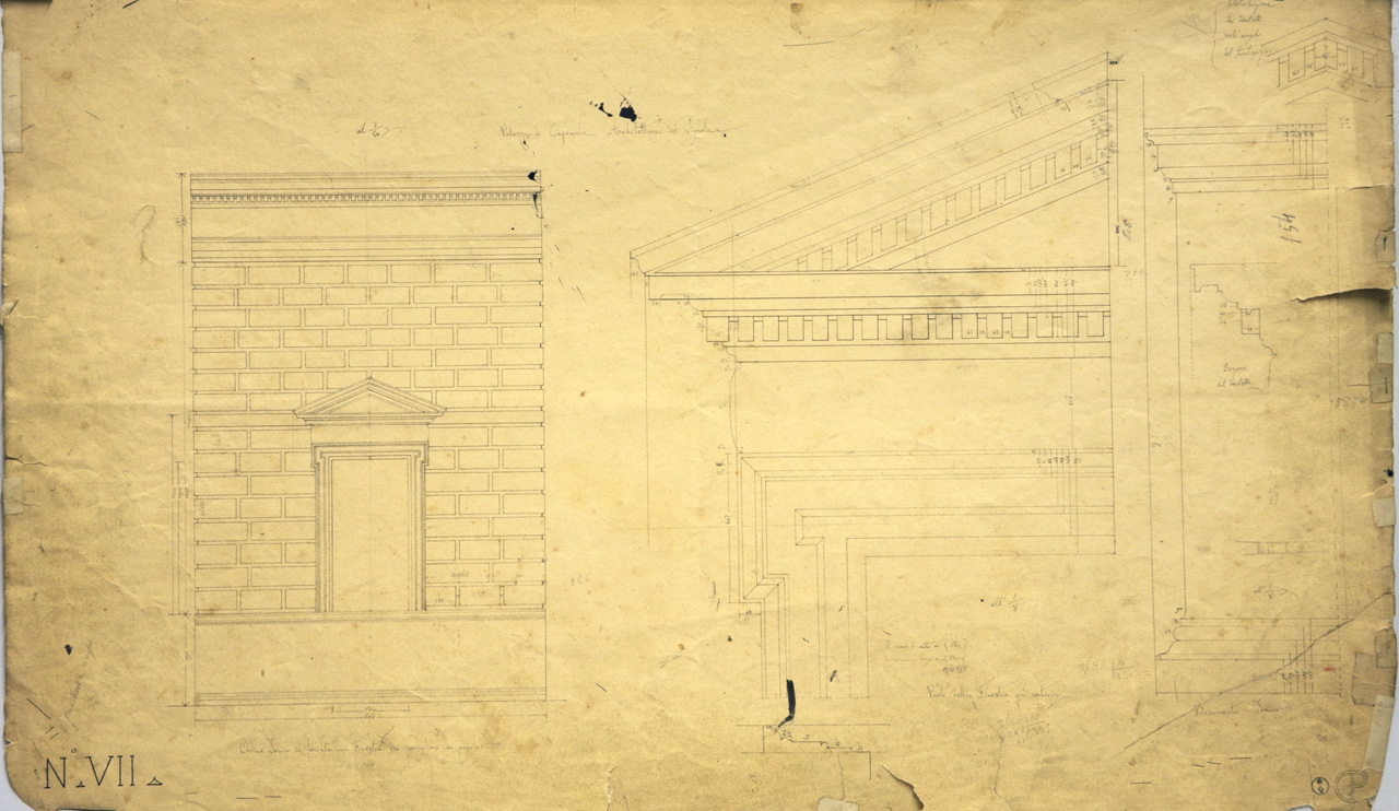 Palazzo di Caprarola. Architettura del Vignola, Dettagli costruttivi del padiglione angolare della facciata di palazzo farnese: prospetti quotati di finestra del primo piano, di parte di essa, del vertice del timpano e del basamento; profili quotati della cornice e del dentello del timpano (disegno architettonico) di Promis, Carlo (secondo quarto sec. XIX)