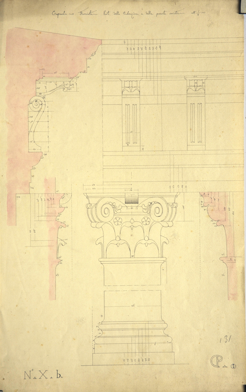 Caprarola Facciata. Parti della trabeazione e delle paraste corintie, Dettagli costruttivi della facciata di palazzo Farnese: profilo e prospetto quotati della trabeazione e della lesena del secondo piano; due profili e prospetto quotati del capitello e prospetto quotato della base (disegno architettonico) di Promis Carlo (terzo quarto sec. XIX)