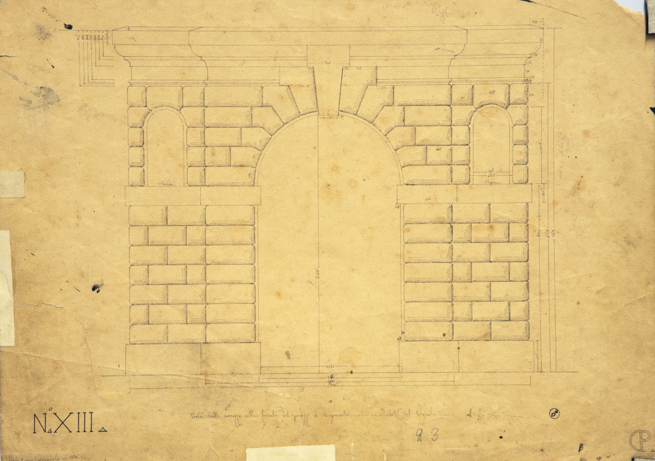 Porta delle carrozze nella facciata del palazzo di Caprarola. Architettura del Vignola, Dettagli costruttivi della facciata di palazzo Farnese: prospetto incompleto quotato della porta delle carrozze (disegno architettonico) di Promis Carlo (secondo quarto sec. XIX)