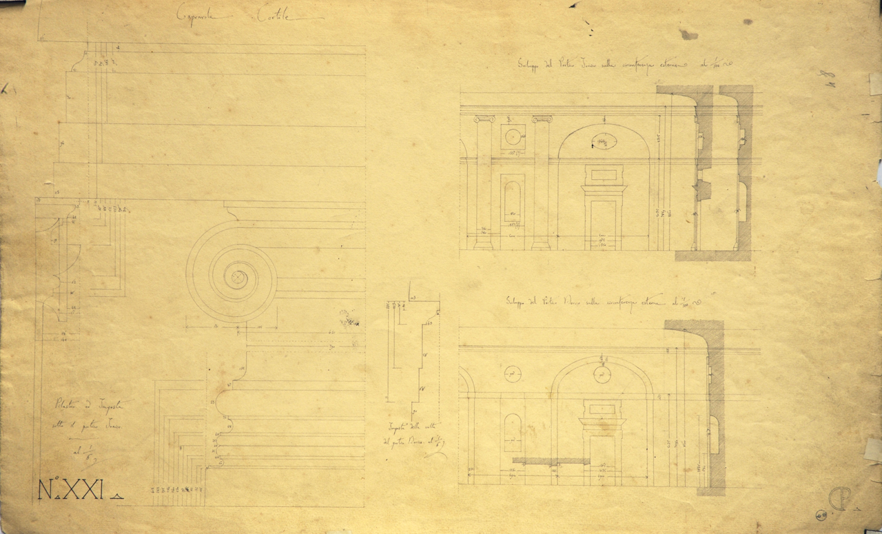 Dettagli costruttivi del cortile di palazzo Farnese a Caprarola (disegno architettonico) di Promis Carlo (secondo quarto sec. XIX)