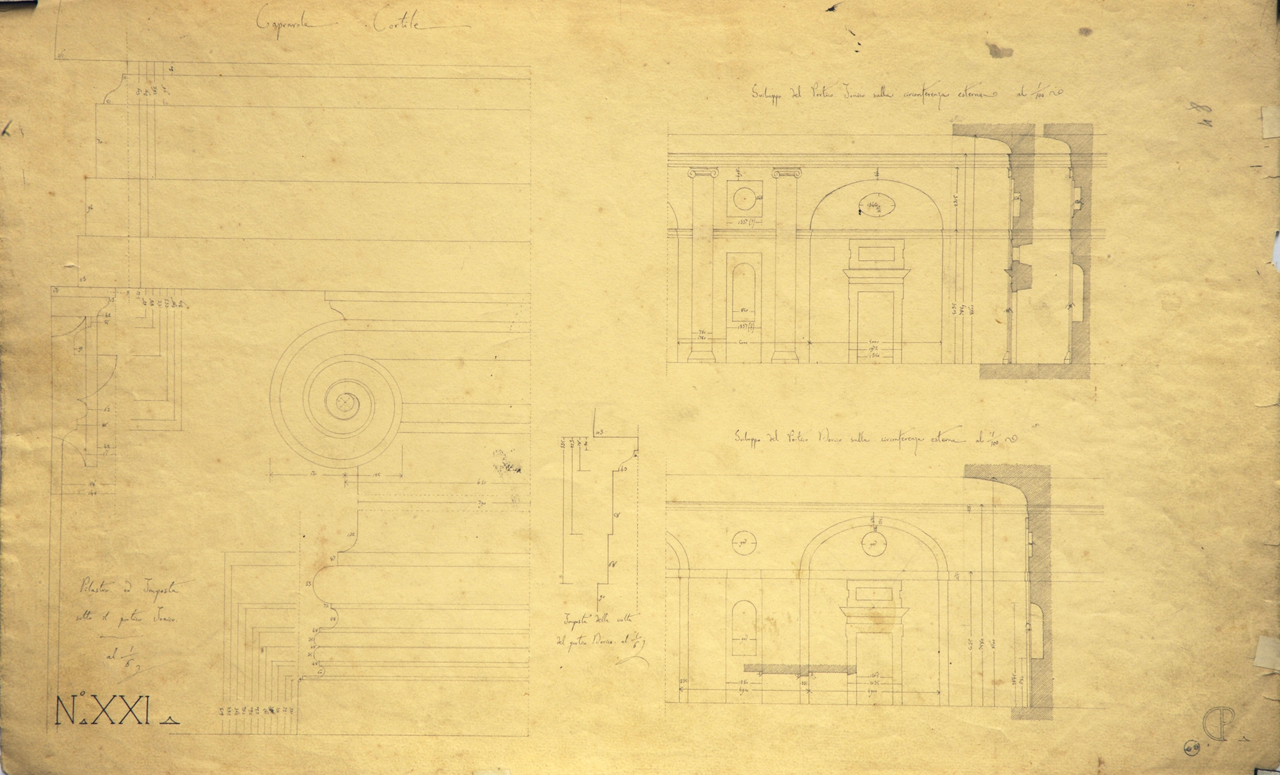 Caprarola. Cortile, Dettagli costruttivi del cortile di palazzo Farnese: prospetto e 2 sezioni quotati di parte del fronte interno del portico del 1° piano; prospetto e profilo della trabeazione, del capitello e della base delle lesene (disegno architettonico) di Promis Carlo (secondo quarto sec. XIX)