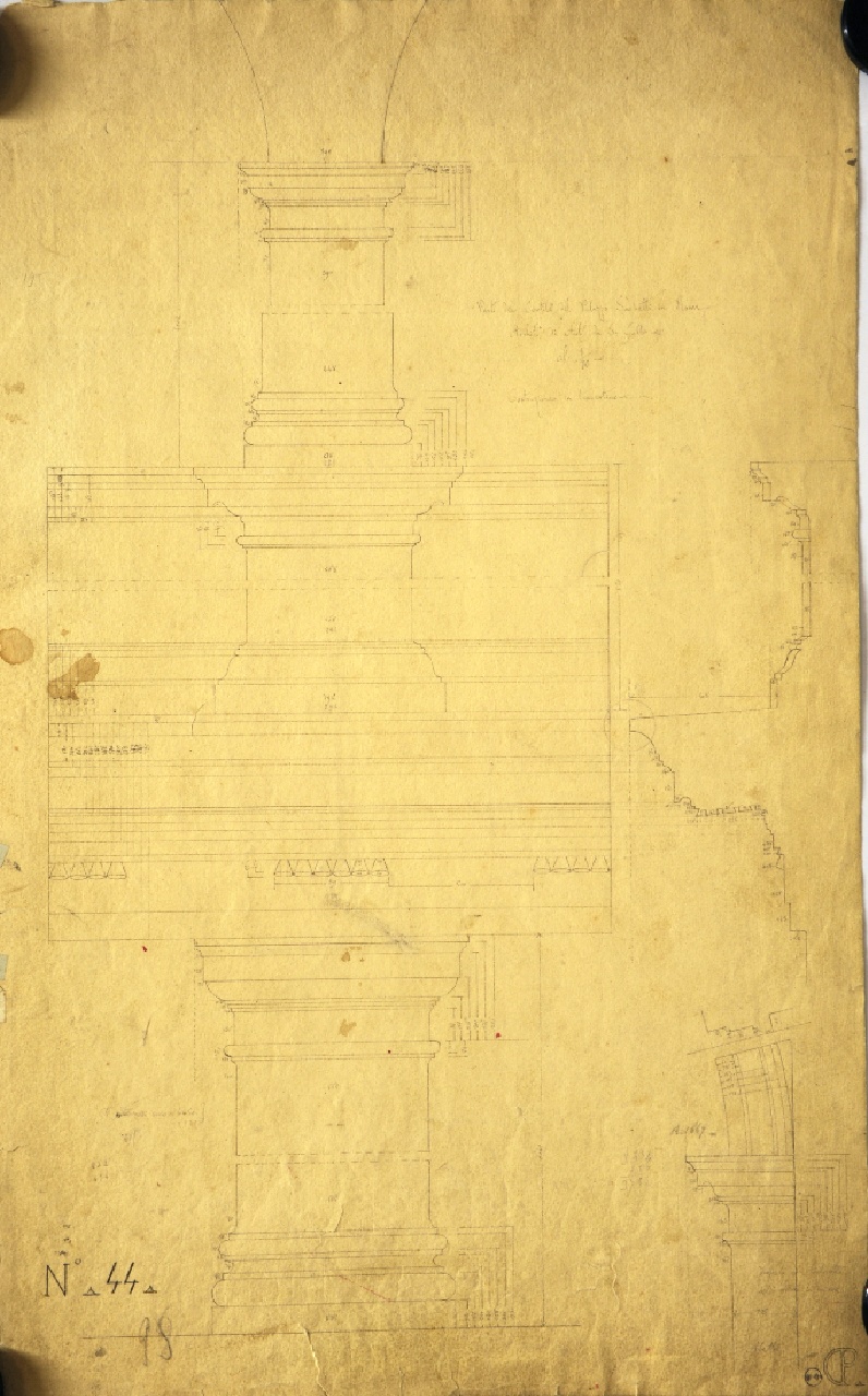 Parti del Cortile del Palazzo Sacchetti in Roma. Architettura di Antonio da S. Gallo, Cortile di palazzo Sacchetti: prospetti e profili quotati delle trabeazioni dei capitelli e delle basi delle colonne dei piani terreno, 1° e 2°; prospetto e profilo quotato dell'ordine d'imposta dell'arco del p.t. e profilo quotato della fascia (disegno architettonico) di Promis Carlo (sec. XIX)