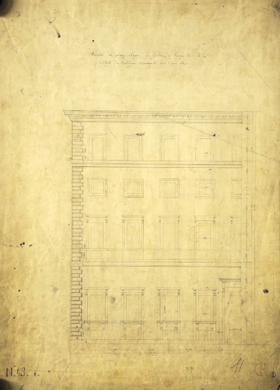 Dettagli costruttivi della facciata di palazzo Negroni a Roma (disegno architettonico) di Promis Carlo (terzo quarto sec. XIX)