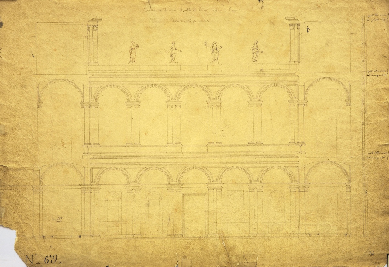 Elevazione del lato minore del cortile del Palazzo Borghese in Roma, Cortile del palazzo Borghese: prospetto del lato minore di fronte all'ingresso principale (disegno architettonico) di Promis Carlo (secondo quarto sec. XIX)