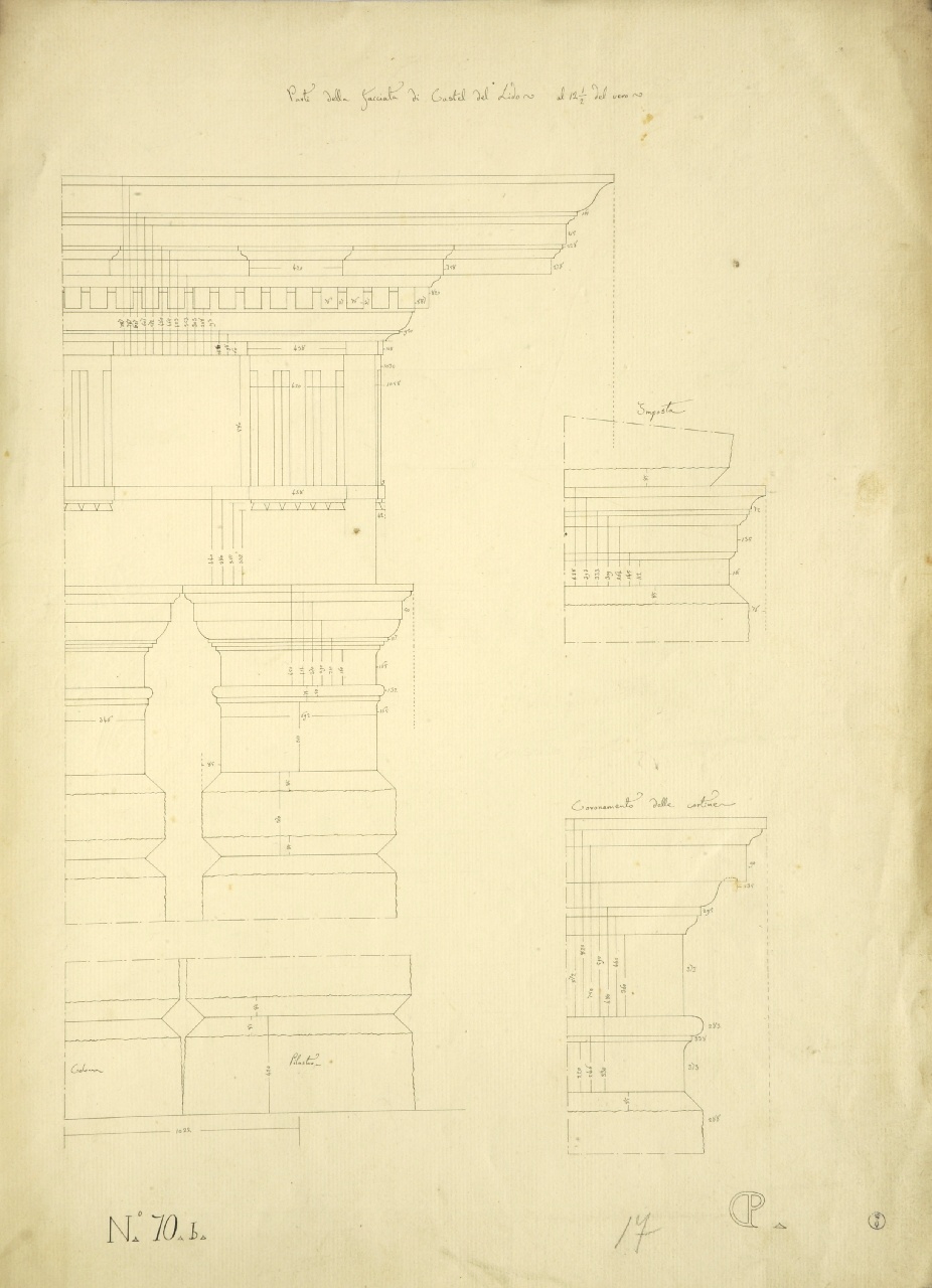 Parti della facciata di Castel del Lido, Dettagli costruttivi della facciata del maschio del castello di Sant'Andrea: prospetti quotati della trabeazione, dei capitelli di colonne e pilastri, dell'ordine minore d'imposta dell'arco del portone e della cornice di coronamento della muratura (disegno architettonico) di Promis Carlo (terzo quarto sec. XIX)