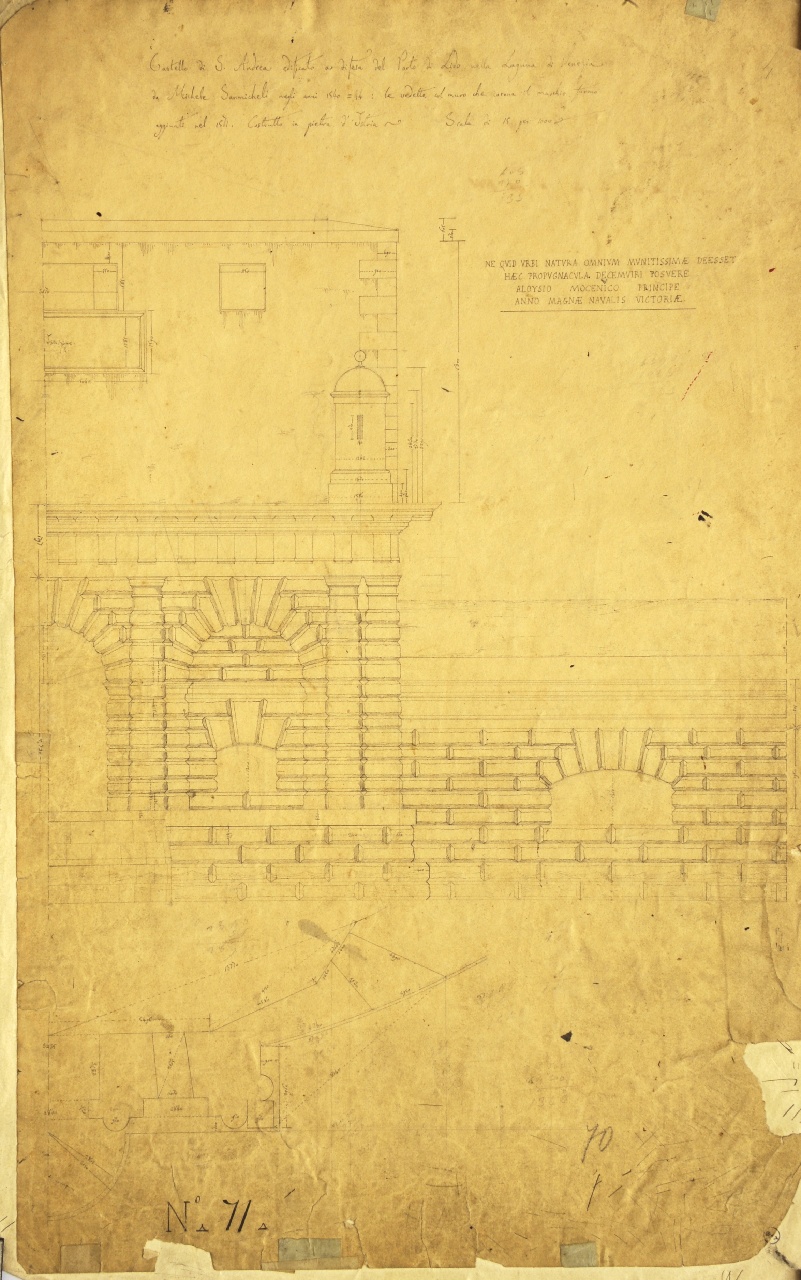Castello di Sant'Andrea edificato a difesa del Porto di Lido nella Laguna di Venezia da Michele Sanmicheli negli anni 1540 = 44: la vedetta col muro che corona il maschio furono aggiunte nel 1571. Costrutto in pietra d'Istria, Facciata del maschio del castello di Sant'Andrea: prospetto parzialmente quotato; pianta parziale quotata (disegno architettonico) di Promis Carlo (secondo quarto sec. XIX)