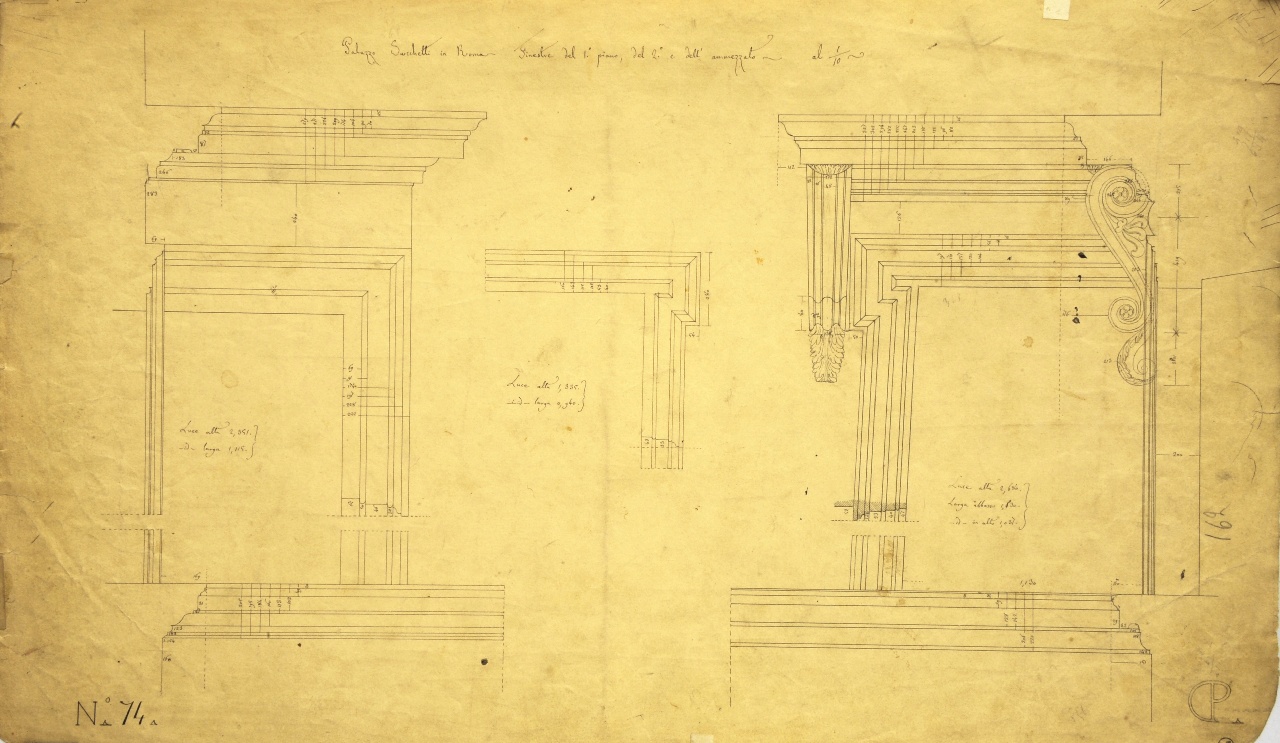 Palazzo Sacchetti in Roma. Finestre del 1° piano, del 2° e dell'ammezzato, Dettagli costruttivi della facciata di palazzo Sacchetti: prospetto e profilo quotati di parte delle finestre del primo piano dell'ammezzato e del secondo piano e della cornice sottostante e profili quotati degli sporti delle cornici (disegno architettonico) di Promis Carlo (secondo quarto sec. XIX)