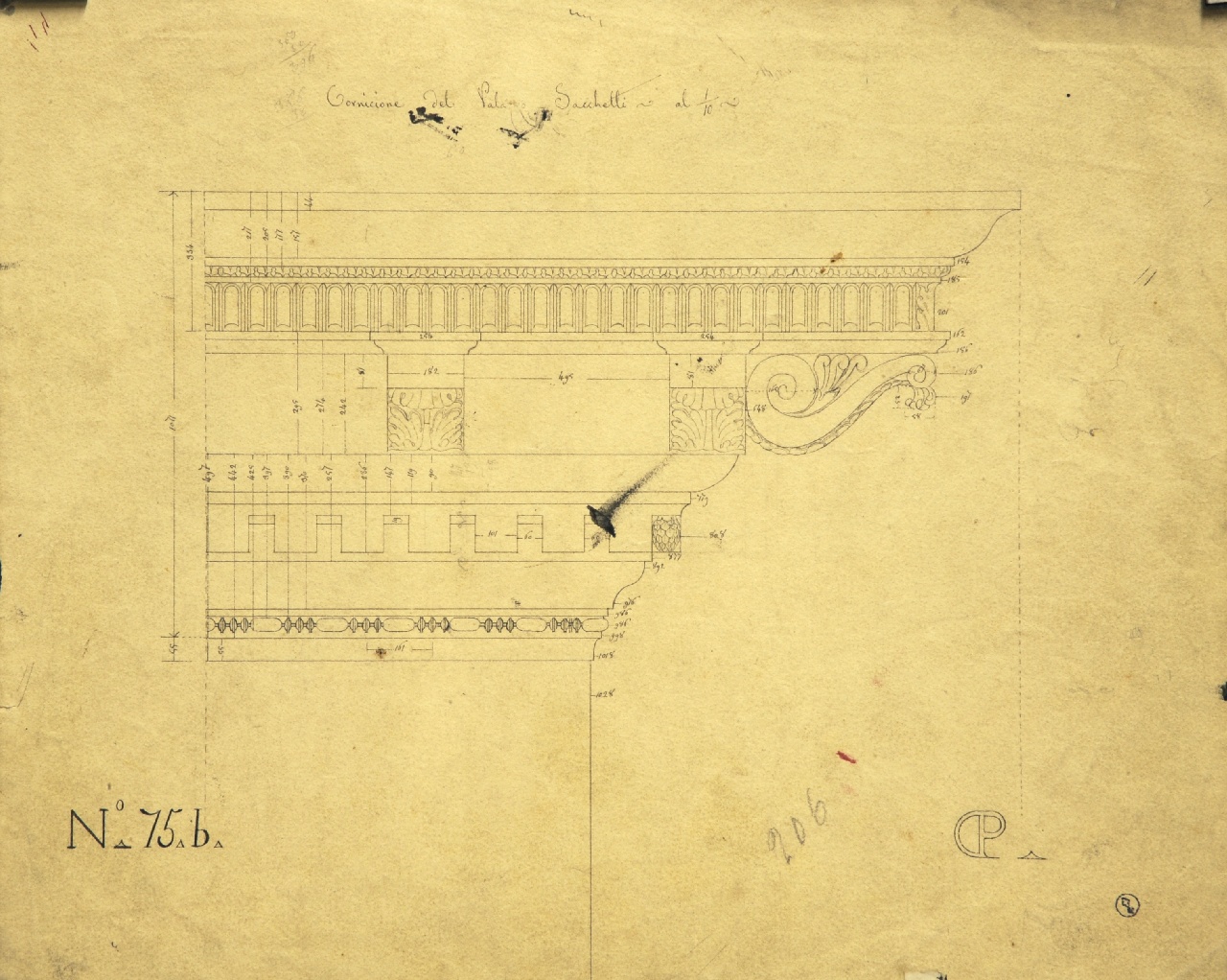 Cornicione del Palazzo Sacchetti, Dettagli costruttivi della facciata di palazzo Sacchetti: prospetto quotato incompleto di parte del cornicione (disegno architettonico) di Promis Carlo (terzo quarto sec. XIX)