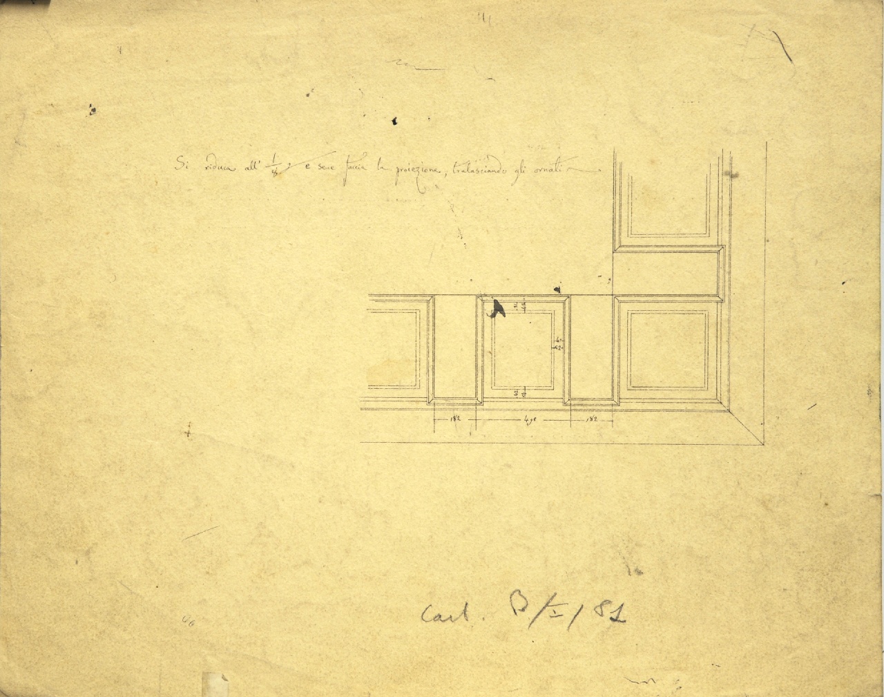 Dettagli costruttivi della facciata di palazzo Sacchetti: pianta parzialmente quotata incompleta di parte di soffitto del cornicione (disegno architettonico) di Promis Carlo (terzo quarto sec. XIX)