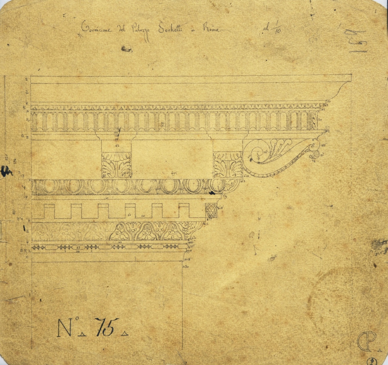 Cornicione del Palazzo Sacchetti in Roma, Dettagli costruttivi della facciata di palazzo Sacchetti: prospetto quotato incompleto di parte del cornicione (disegno architettonico) di Promis Carlo (secondo quarto sec. XIX)