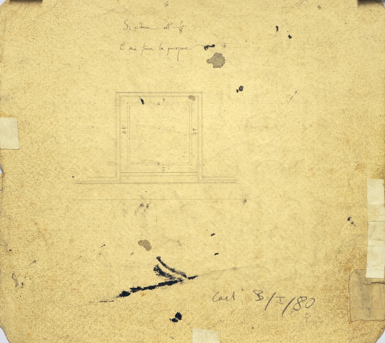 Dettagli costruttivi della facciata di palazzo Sacchetti: pianta parzialmente quotata incompleta di parte del soffitto del cornicione (disegno architettonico) di Promis Carlo (secondo quarto sec. XIX)