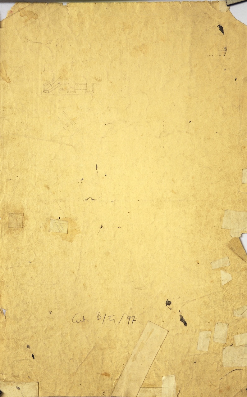 Dettagli costruttivi della facciata del palazzo della Cancelleria: schizzo di pianta quotata di parte d'angolo del cornicione (disegno architettonico) di Promis Carlo (secondo quarto sec. XIX)