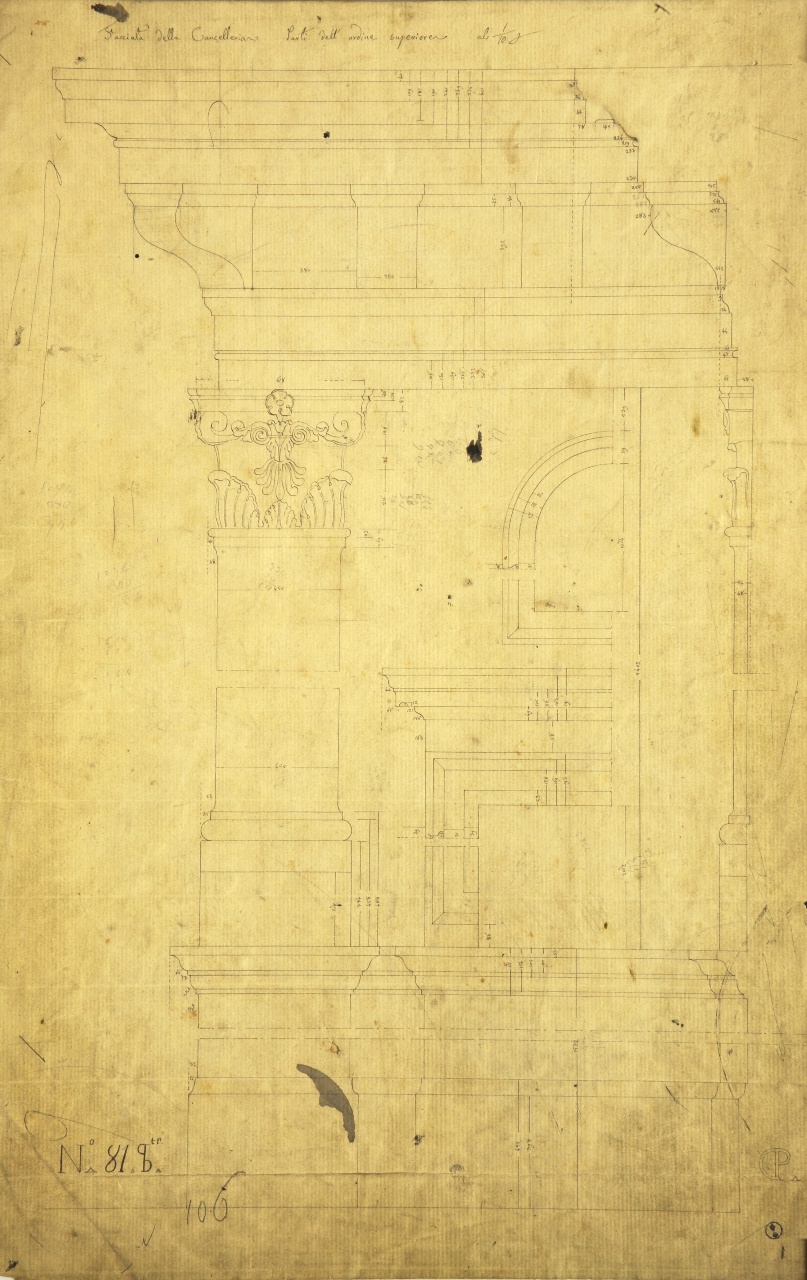 Dettagli costruttivi della facciata del palazzo della Cancelleria (disegno architettonico) di Promis Carlo (secondo quarto sec. XIX)