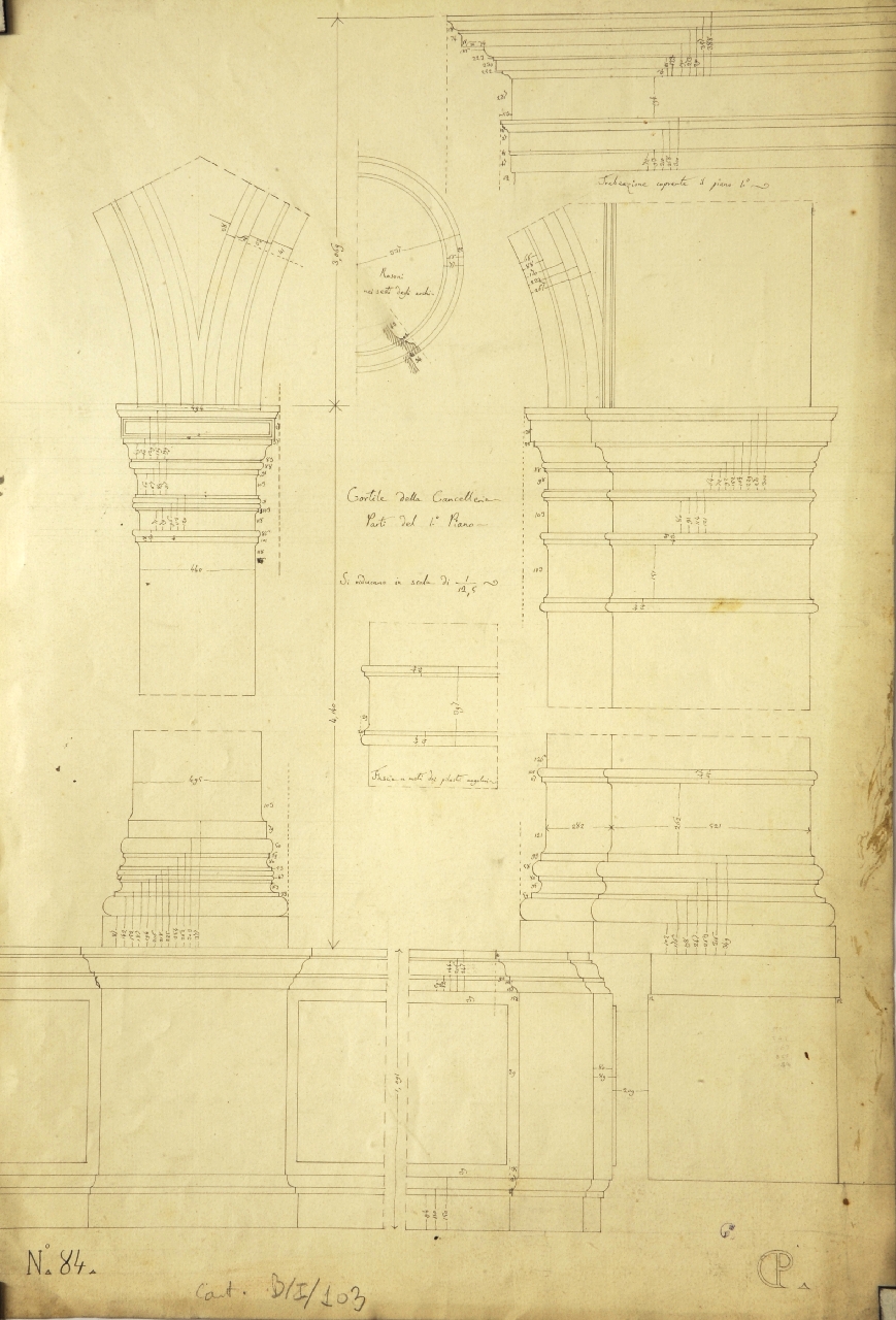 Dettagli costruttivi del cortile del palazzo della Cancelleria (disegno architettonico) di Promis Carlo (secondo quarto sec. XIX)