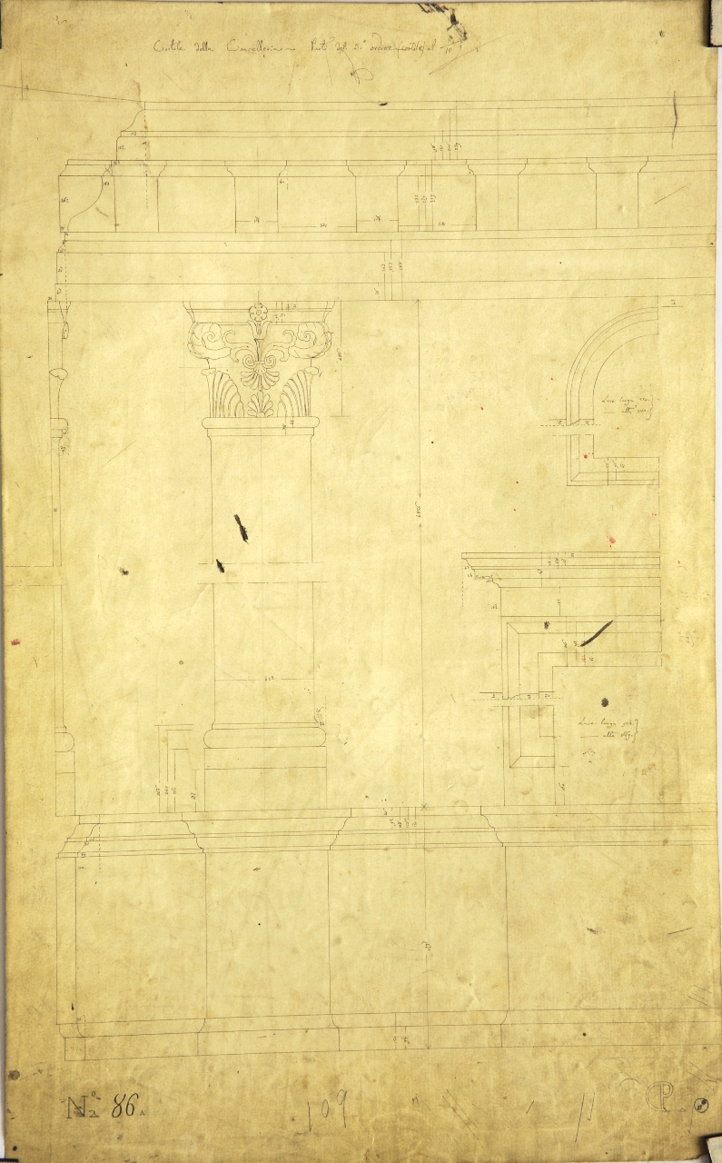 Dettagli costruttivi del cortile del palazzo della Cancelleria (disegno architettonico) di Promis Carlo (secondo quarto sec. XIX)