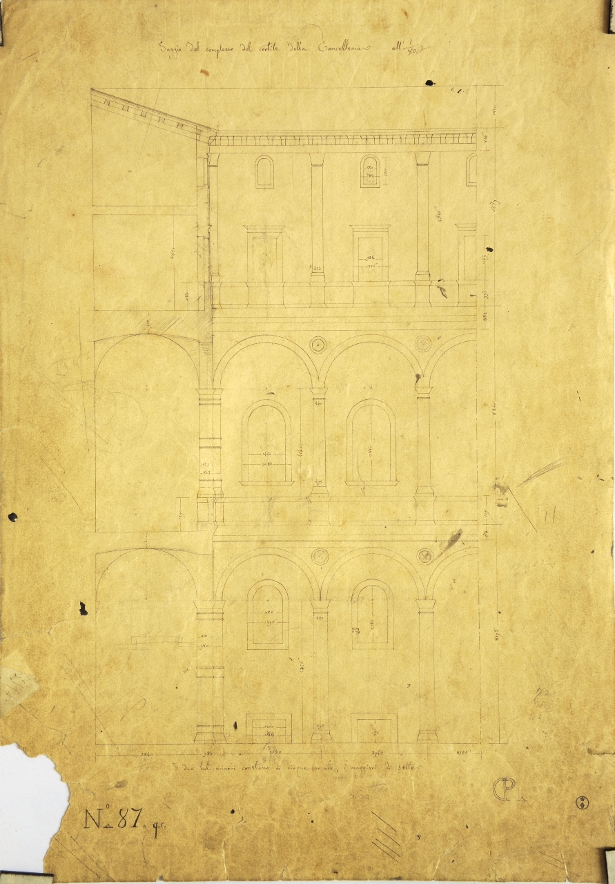 Dettagli costruttivi del cortile del palazzo della Cancelleria (disegno architettonico) di Promis Carlo (secondo quarto sec. XIX)