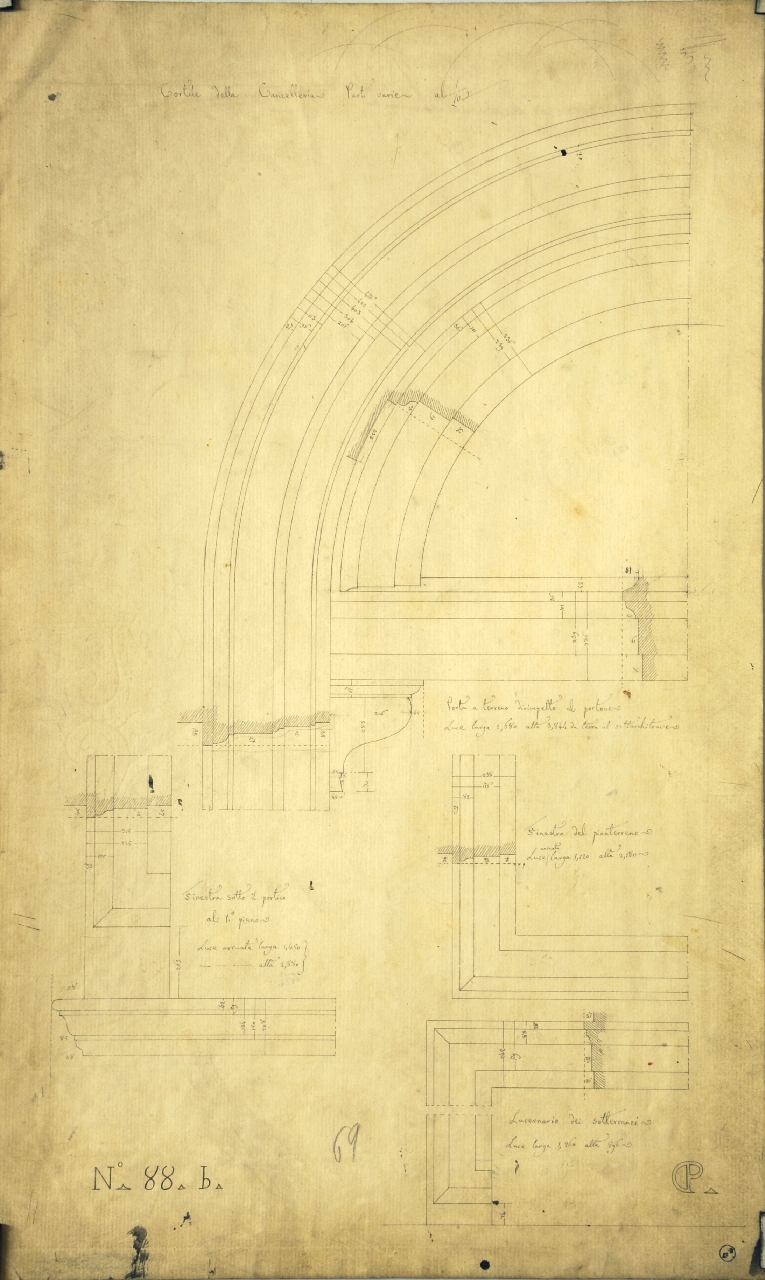 Cortile della Cancelleria. Parti varie, Dettagli costruttivi del cortile del palazzo della Cancelleria: prospetti quotati di parti della porta di fronte al portone principale, della finestra del p. t. e del lucernaio dei sotterranei; prospetto quot. di parte della finestra sotto il portico (disegno architettonico) di Promis Carlo (secondo quarto sec. XIX)