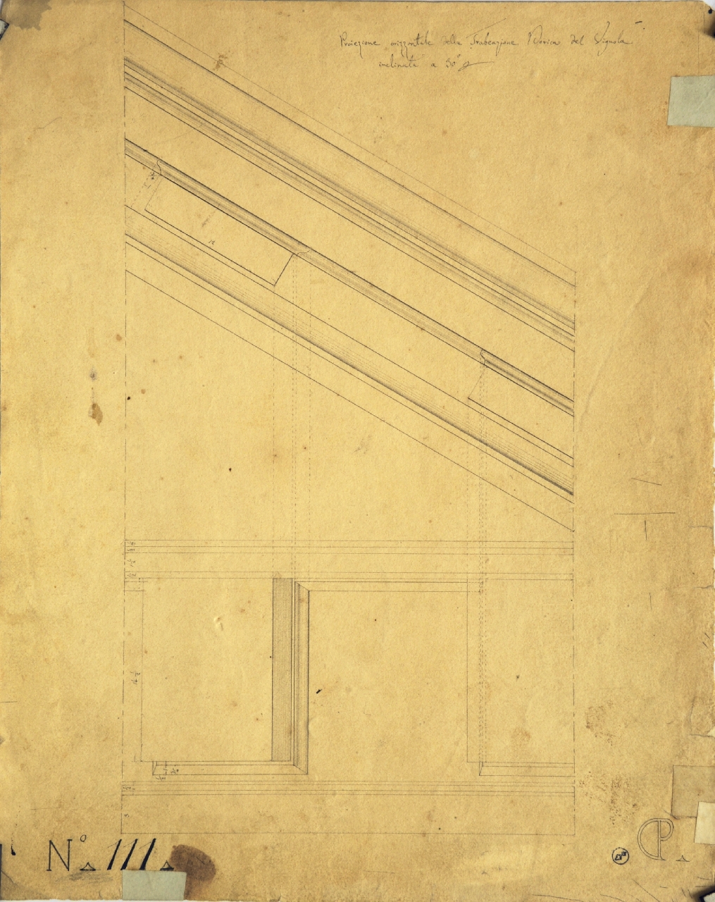 Proiezione orizzontale della Trabeazione Dorica del Vignola / inclinata di a 30°, Studio di geometria: prospetto e pianta con indicazione dei rapporti proporzionali di Trabeazione Dorica del Vignola (disegno architettonico) di Promis Carlo (secondo quarto sec. XIX)