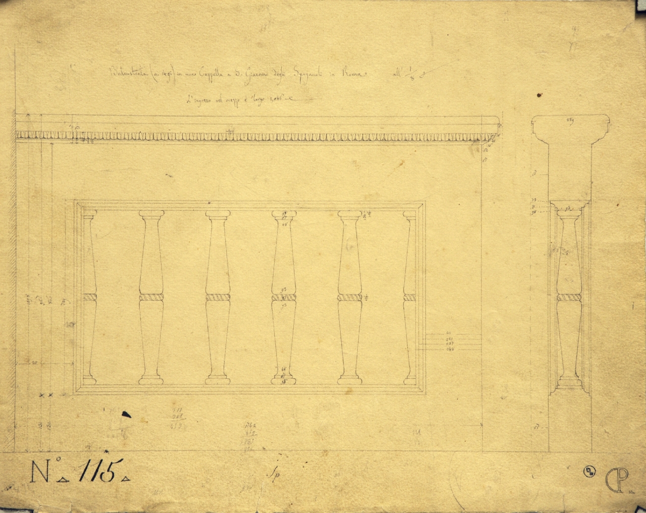 Balaustrata (a. 1495) in una Cappella a San Giacomo degli Spagnuoli in Roma, Dettagli costruttivi di cappella nella chiesa di San Giacomo degli Spagnoli: prospetto e sezione longitudinale quotata di parte di balaustra (disegno architettonico) di Promis Carlo (secondo quarto sec. XIX)