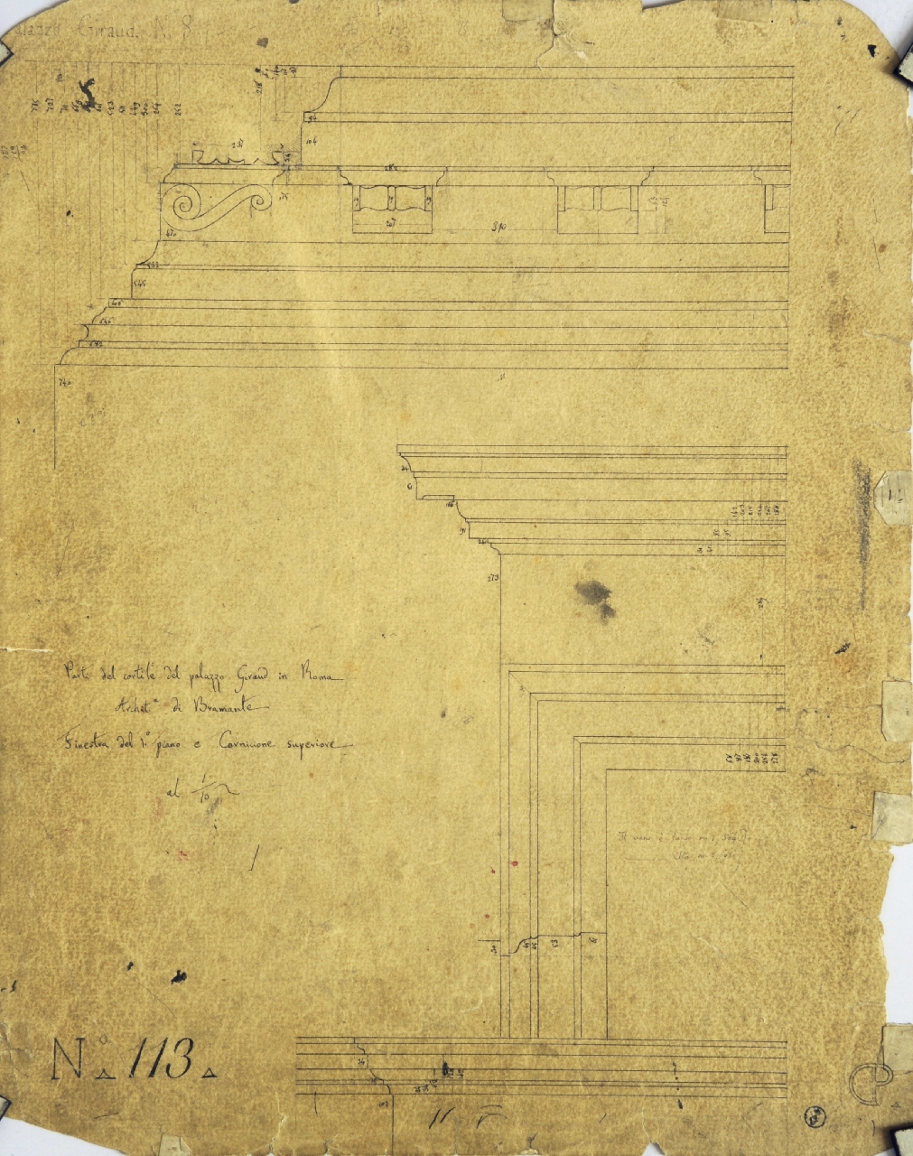 Dettagli costruttivi del cortile del palazzo Giraud (disegno architettonico) di Promis Carlo (secondo quarto sec. XIX)