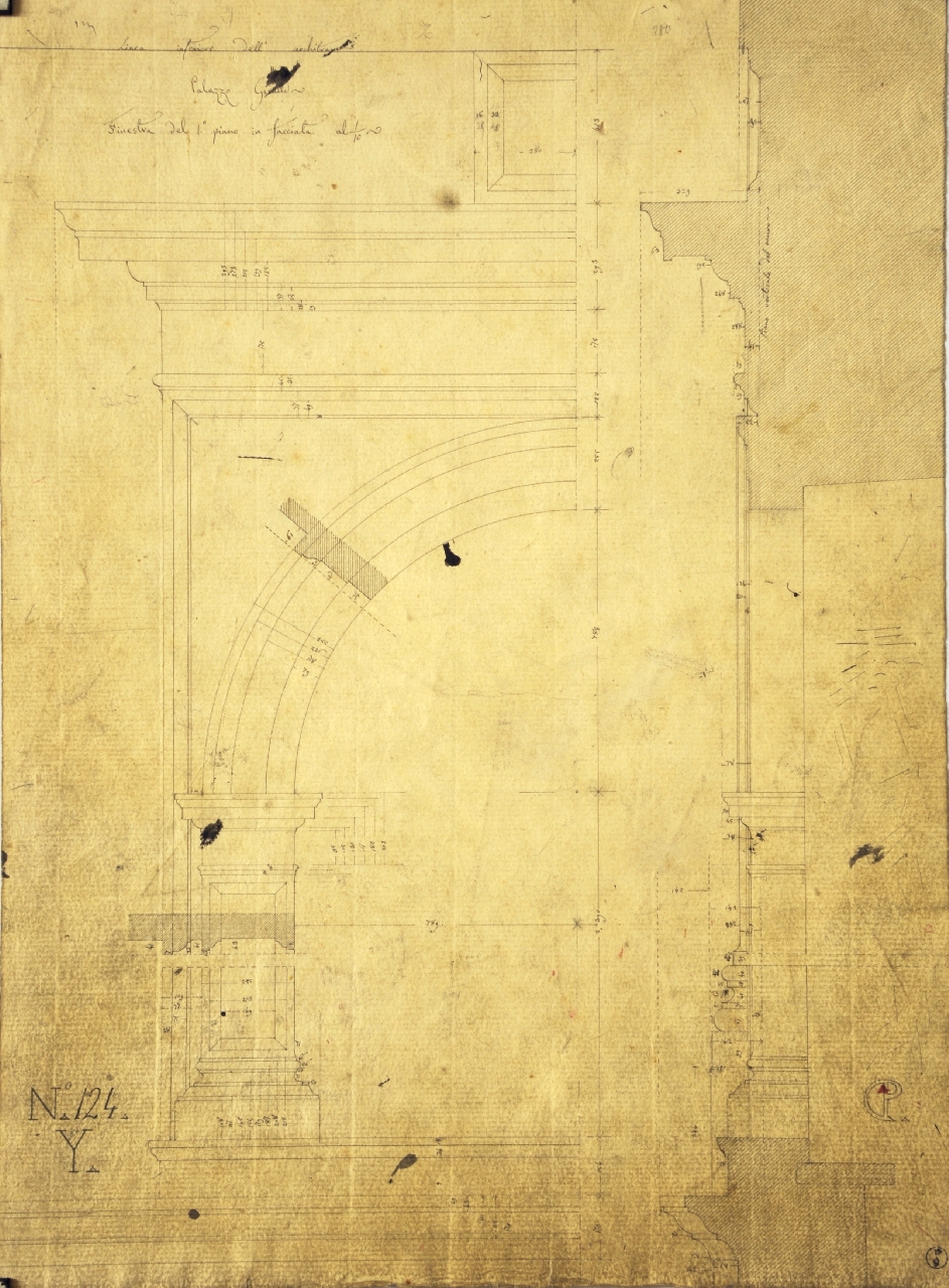 Palazzo Giraud, Dettagli costruttivi della facciata di palazzo Giraud: prospetto parziale e sezione longitudinale quotati delle finestre del primo piano (disegno architettonico) di Promis Carlo (terzo quarto sec. XIX)