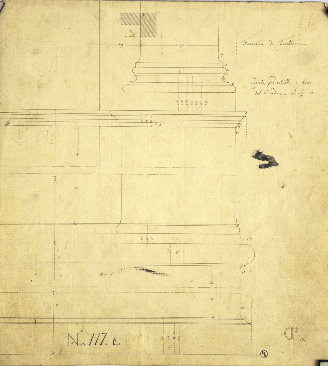 Farnesina di Trastevere. Zoccolo, piedistallo e base del 1° ordine, Dettagli costruttivi della facciata del palazzo della Farnesina: prospetto quotato di parte dello zoccolo, dello stillobate e della base delle colonne del piano terreno (disegno architettonico) di Promis Carlo (terzo quarto sec. XIX)