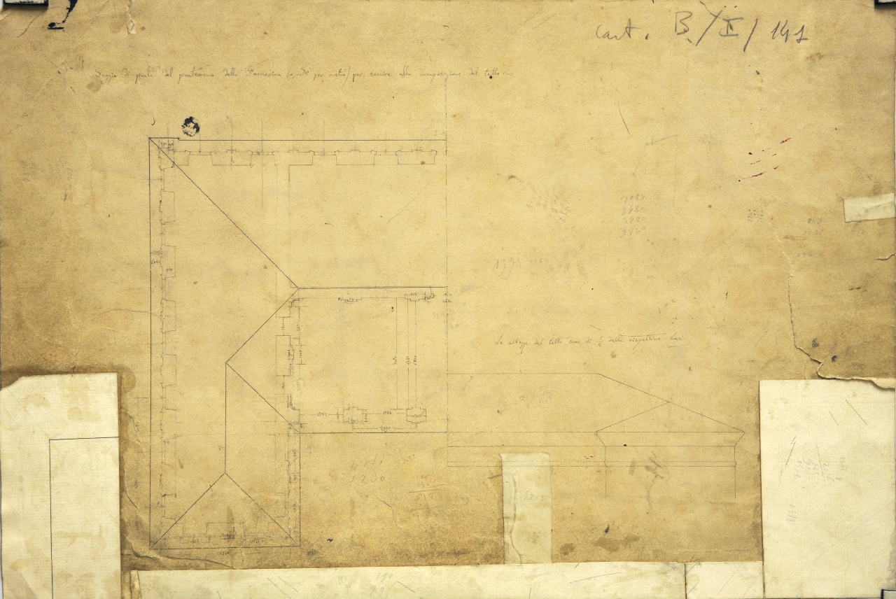 Saggio di pianta del pianterreno della Farnesina per servire alla composizione del tetto, Dettagli costruttivi del palazzo della Farnesina: pianta del piano terreno con sovrapposto il tracciato della copertura, prospetto incompleto di parte della copertura (disegno architettonico) di Promis Carlo (terzo quarto sec. XIX)